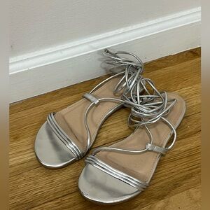 Silver flat sandals, tie around the ankle size 6